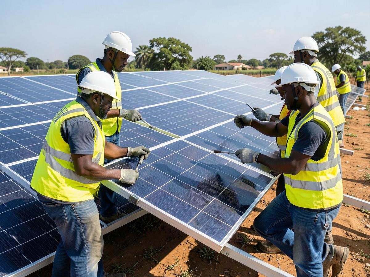 Équipe technique SGELECC installant des panneaux solaires